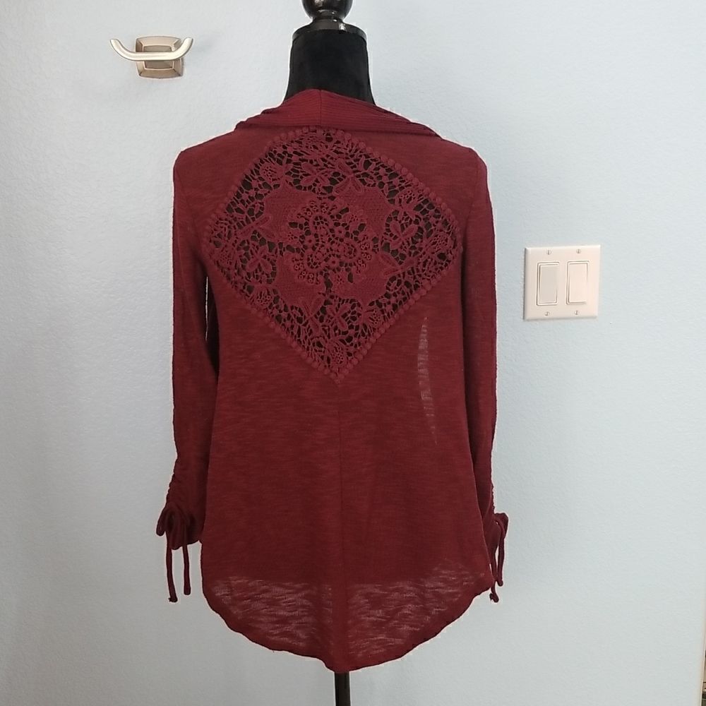 No Boundaries wine colored lace back cardigan